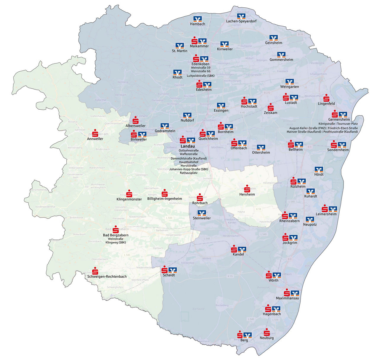 Landkarte zeigt das Geschäftsgebiet beider Banken und die Standorte sind mit den Logos markiert.