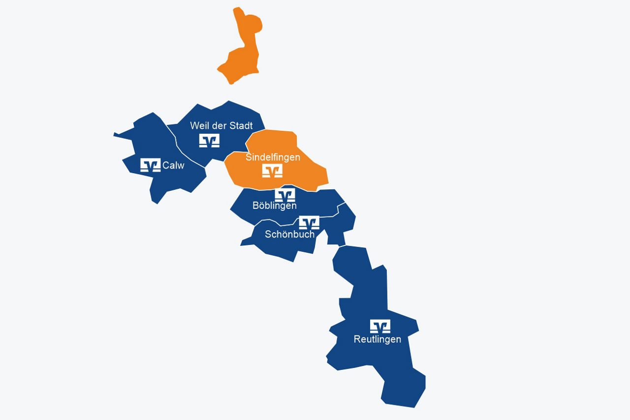 Karte mit Standorten der Volksbanken in Calw, Weil der Stadt, Sindelfingen, Böblingen, Schönbuch und Reutlingen, farblich her