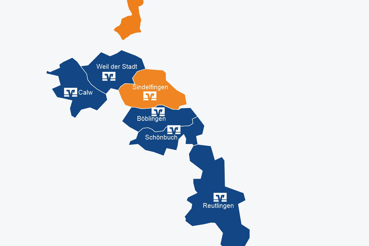 Kartenumrisse des neuen Geschäftsgebietes der Vereinigte Volksbanken eG