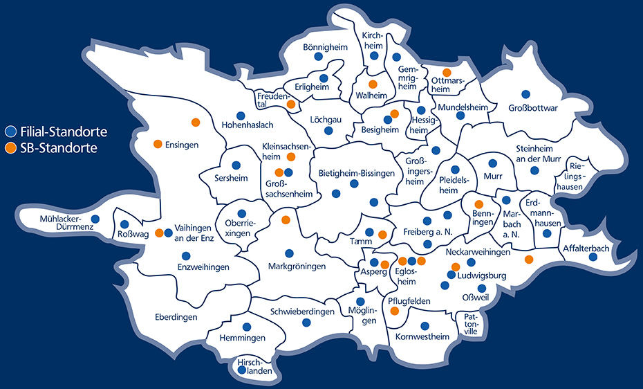 Geschäftsgebiet Karte der VR-Bank Ludwigsburg mit Filialen und SB-Stellen in der Region