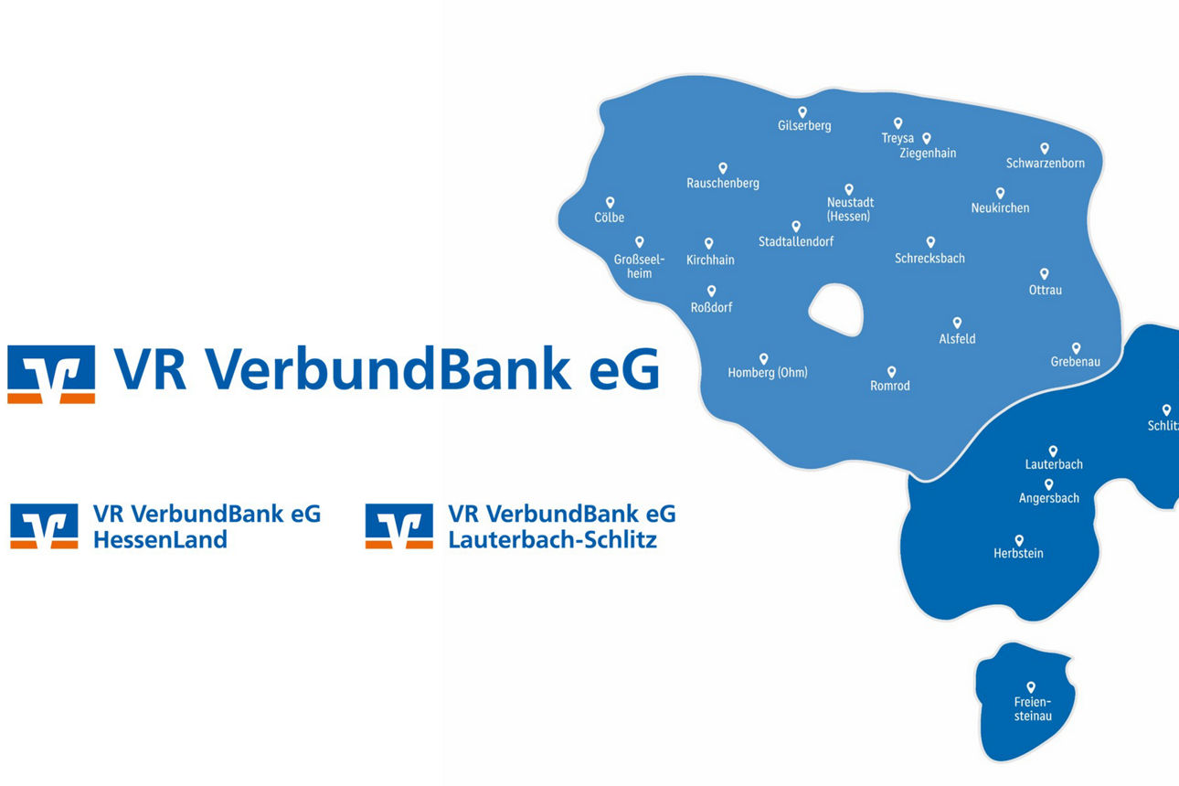 EIn Kartenausschnitt, der das Geschäftsgebiet der VR VerbundBank aufzeigt
