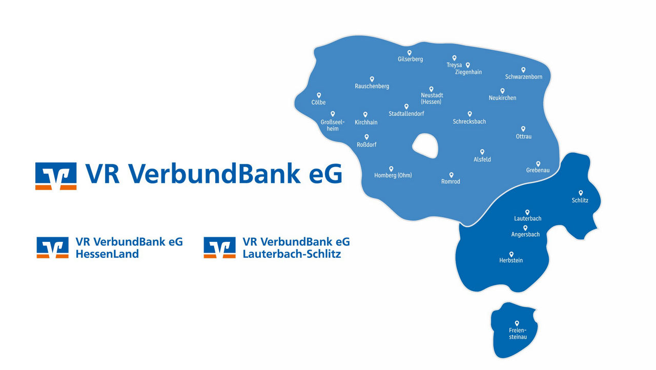 EIn Kartenausschnitt, der das Geschäftsgebiet der VR VerbundBank aufzeigt