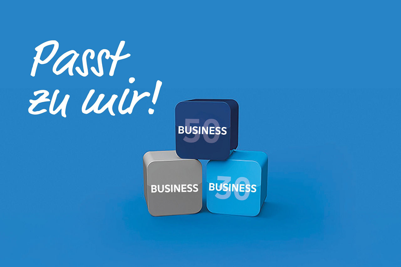 Überschrift Passt zu mir auf blauem Hintergrund mit 3 Würfeln mit Text Busines, Busness 30 und Business 50 