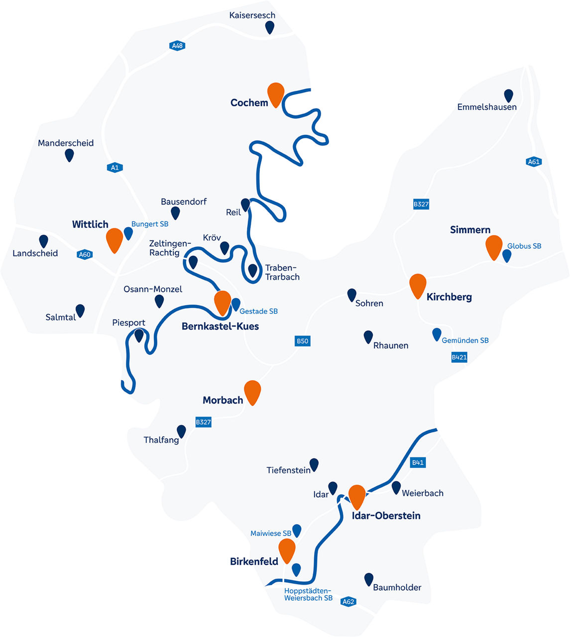 Illustration einer Landkarte die das Geschäftsgebiet der Vereinigten Volksbank Raiffeisenbank eG mit den Filial- und SB-Standorten zeigt