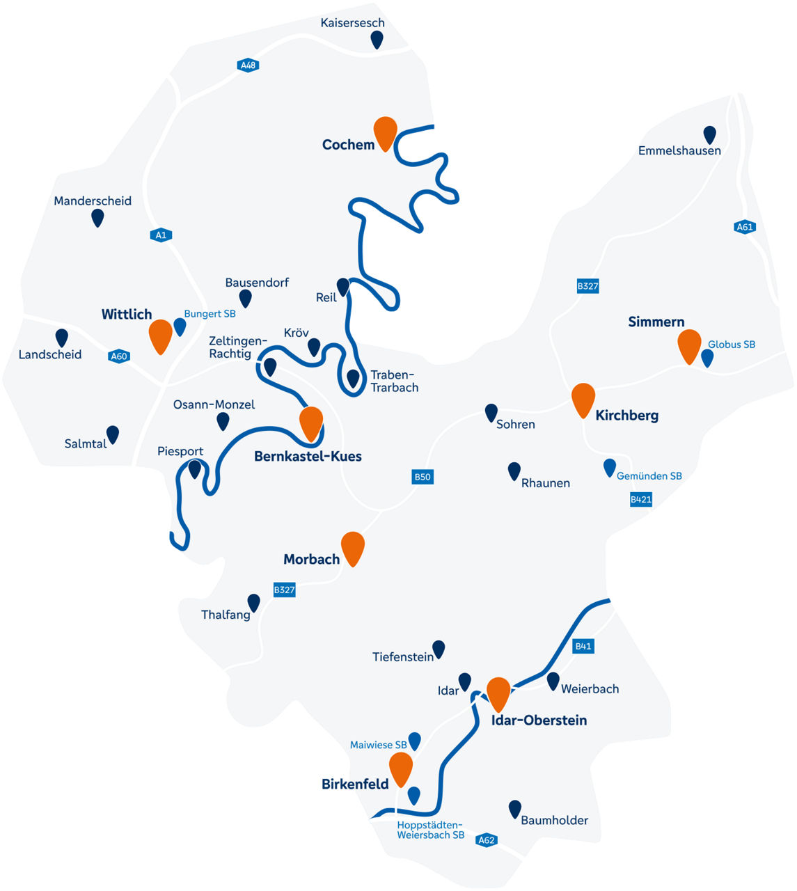 Illustration einer Landkarte die das Geschäftsgebiet der Vereinigten Volksbank Raiffeisenbank eG mit den Filial- und SB-Standorten zeigt