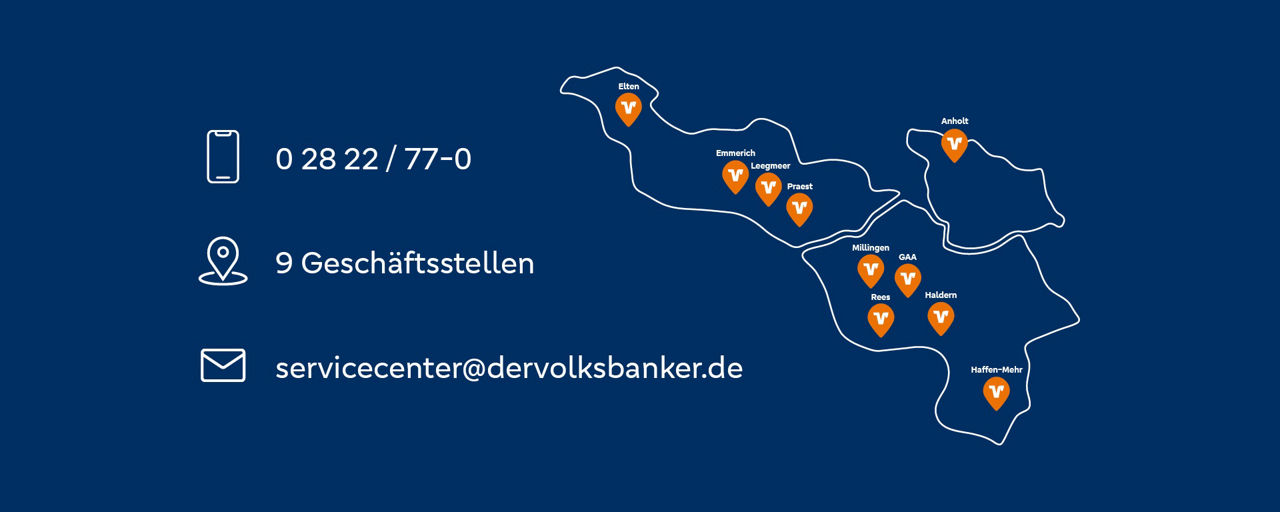 Übersicht mit Karte Geschäftsstellen Volksbank Emmerich-Rees eG