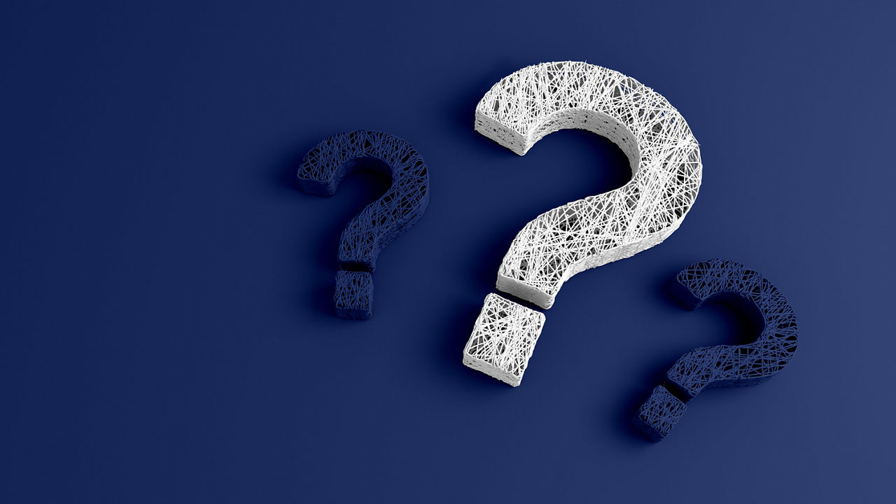 A set of thin strands twisted together in the form of three question marks on black background. 3D illustration.