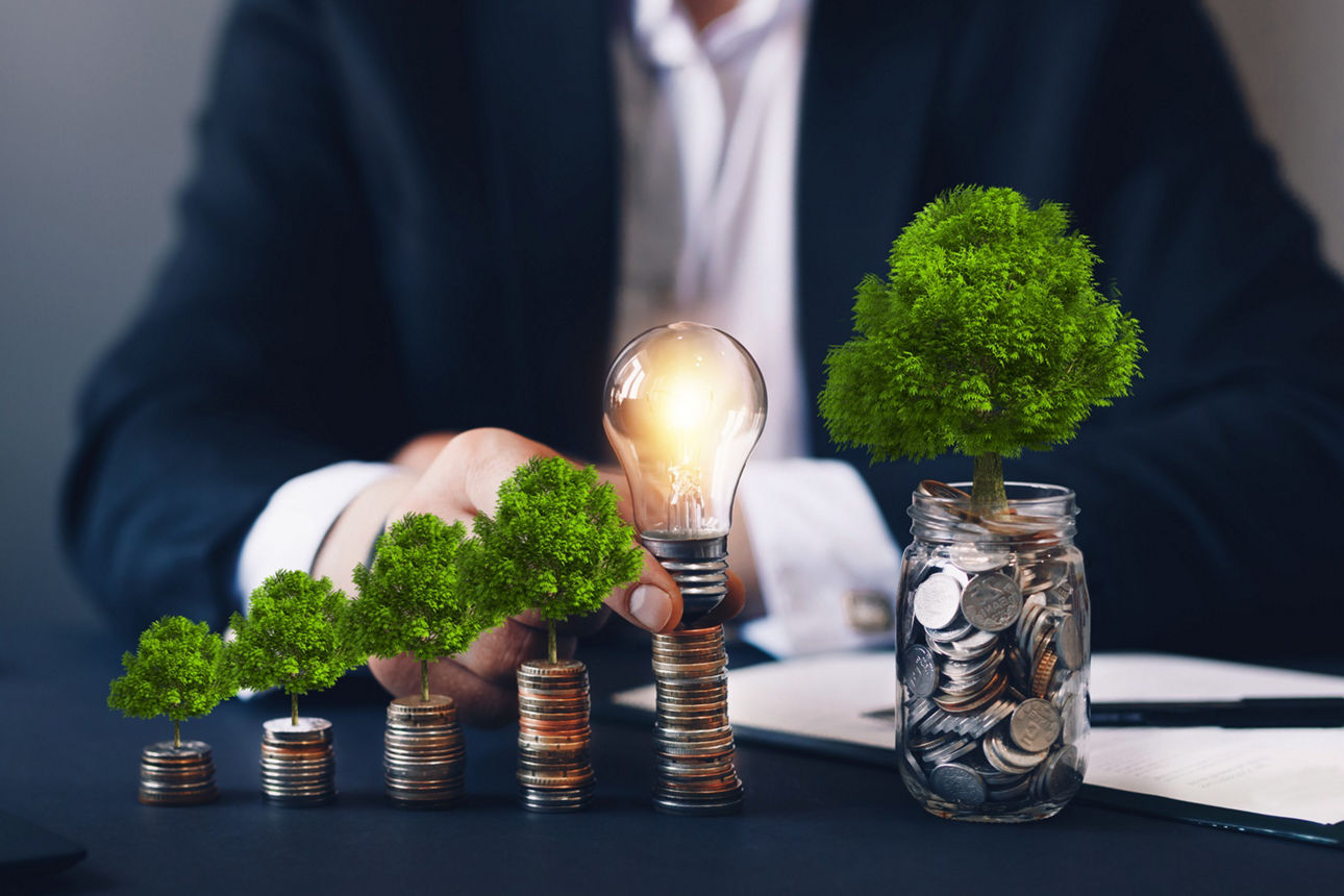 Concept of pass and increase of renewable energy. Alternative sources of energy. Green energy, eco energy. Eco business investment.