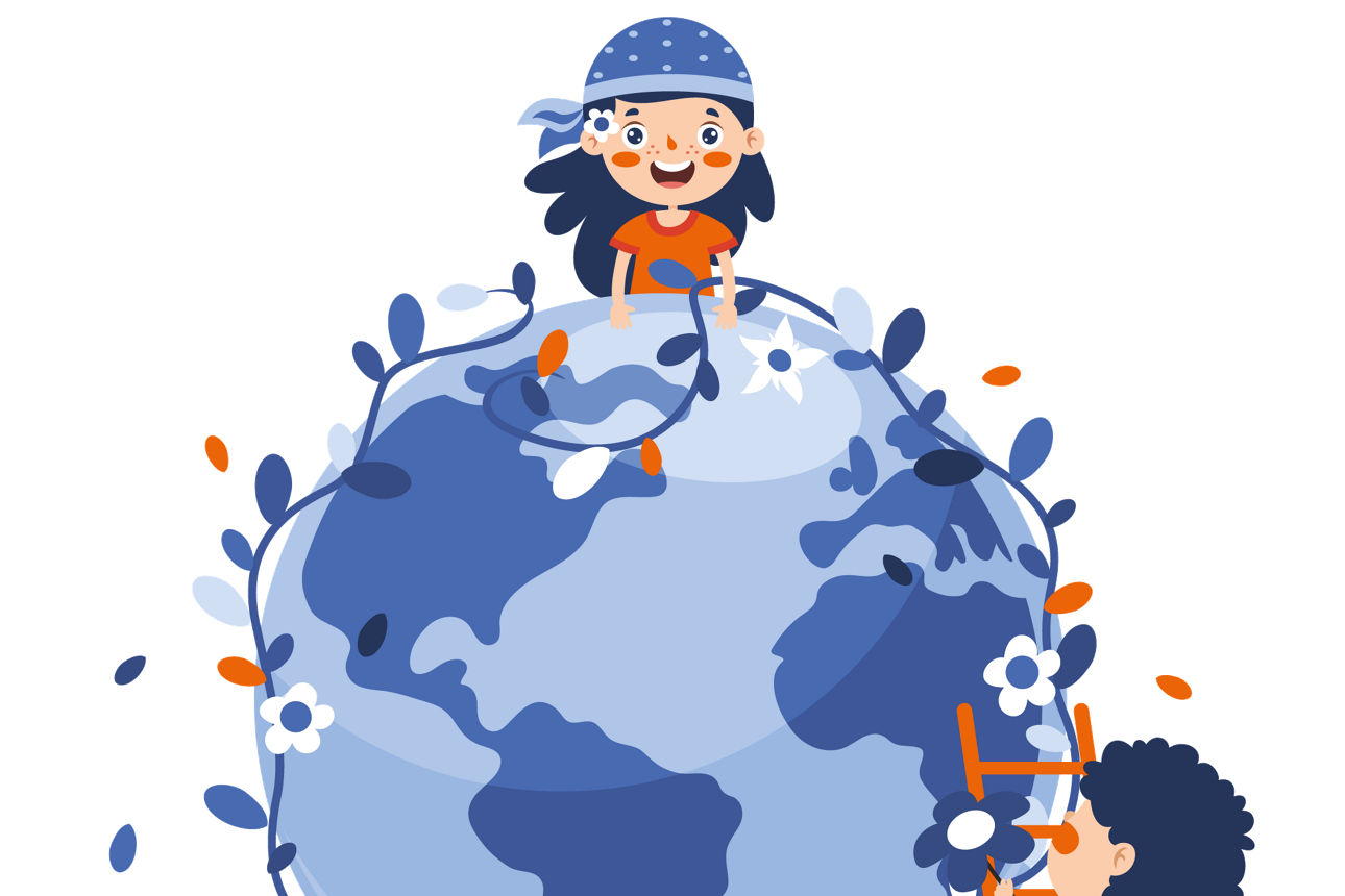 Eine Weltkugel mit 4 Kindern die unsere Erde nachhaltig und kreativ gestalten.