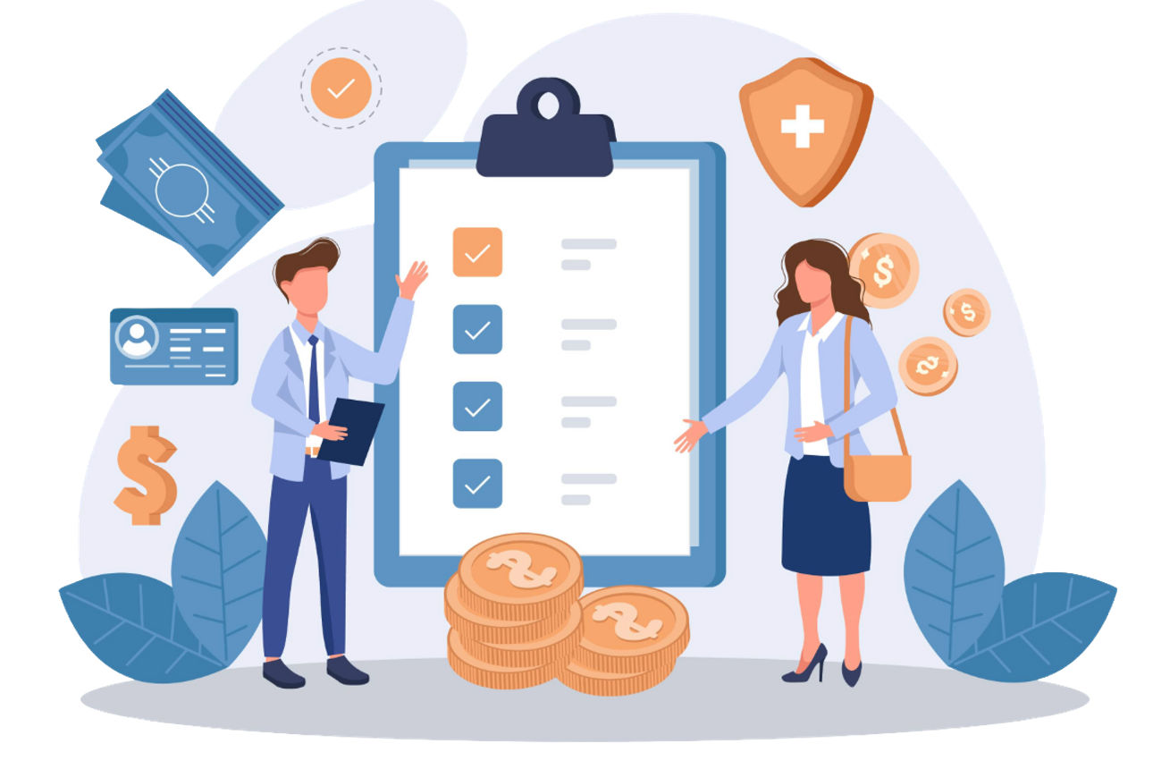 Gezeichnete Grafik mit Frau und Mann Checkliste und nebenstehenden Icons