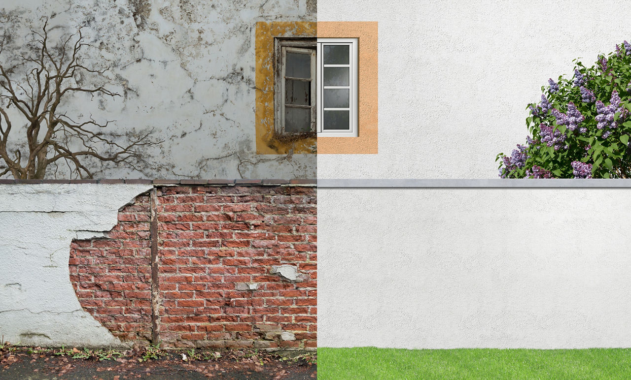 Vergleich eines frisch renovierten, baufälligen Hauses