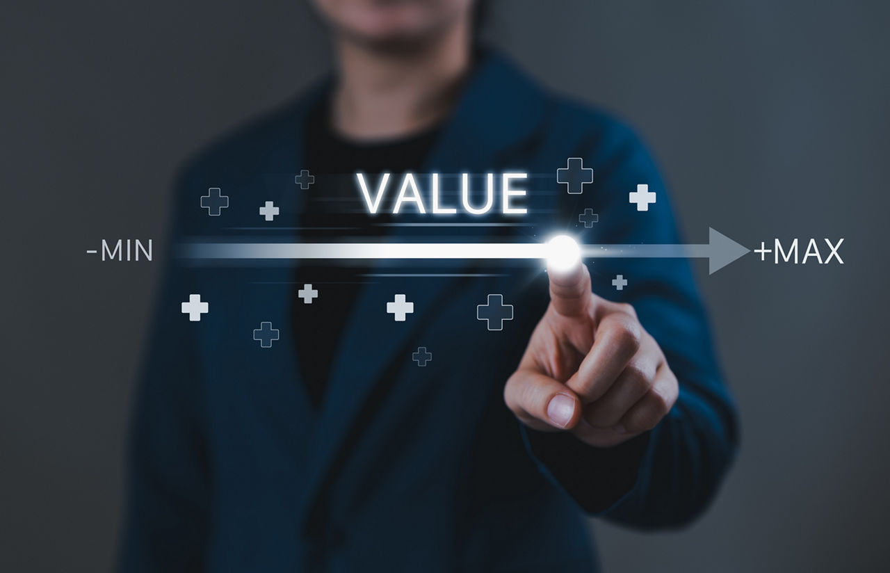 Business Value Added Concept. Businessperson touching slider moving from minimum to maximum, value increase, service enhancement, company value added, add mindset, and strategic business growth.