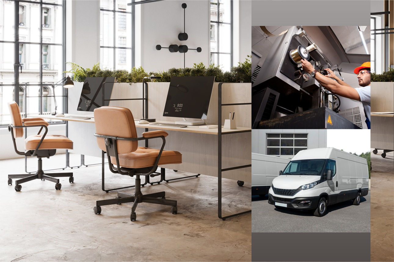 Büro mit Stühlen daneben Bilder von Transporter und Mensch an einer Maschine