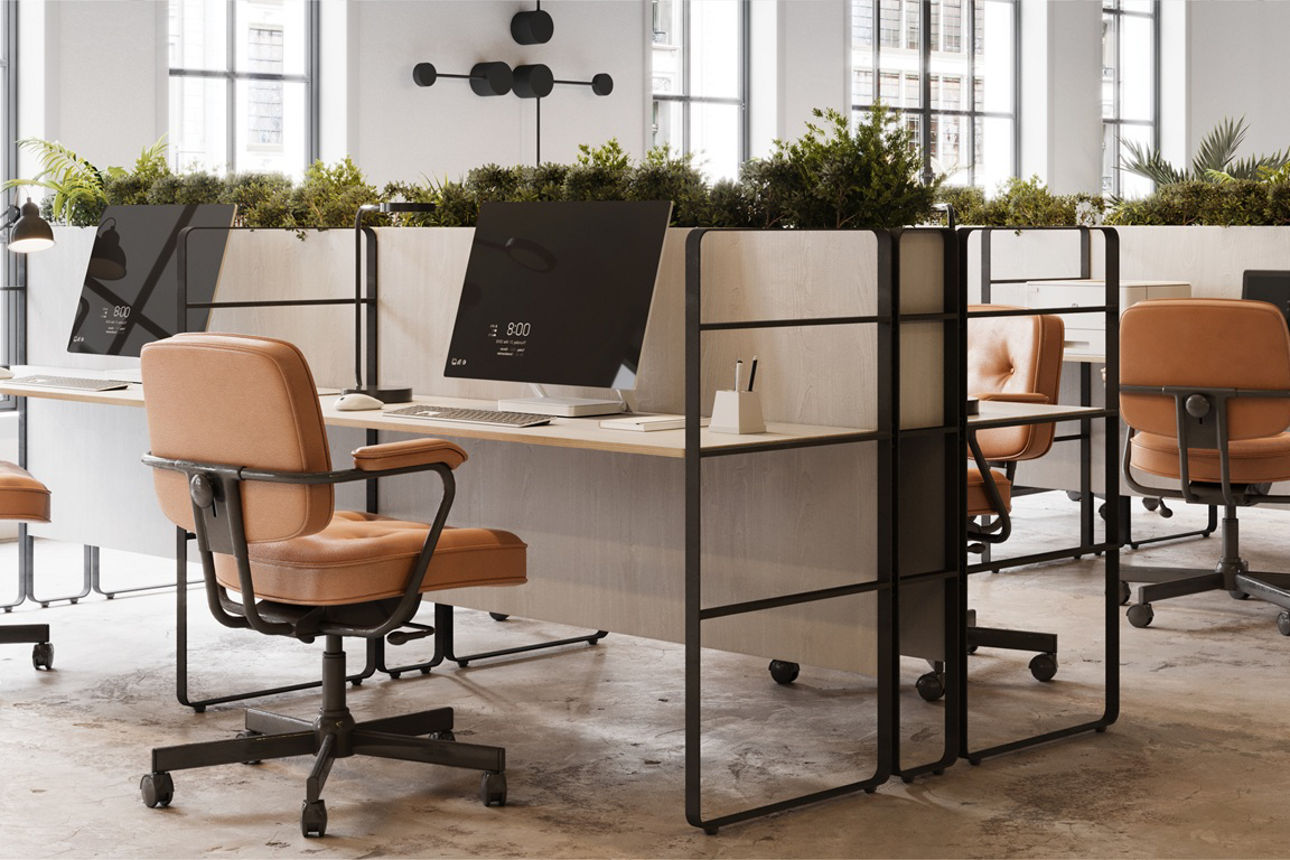 Büro mit Stühlen daneben Bilder von Transporter und Mensch an einer Maschine