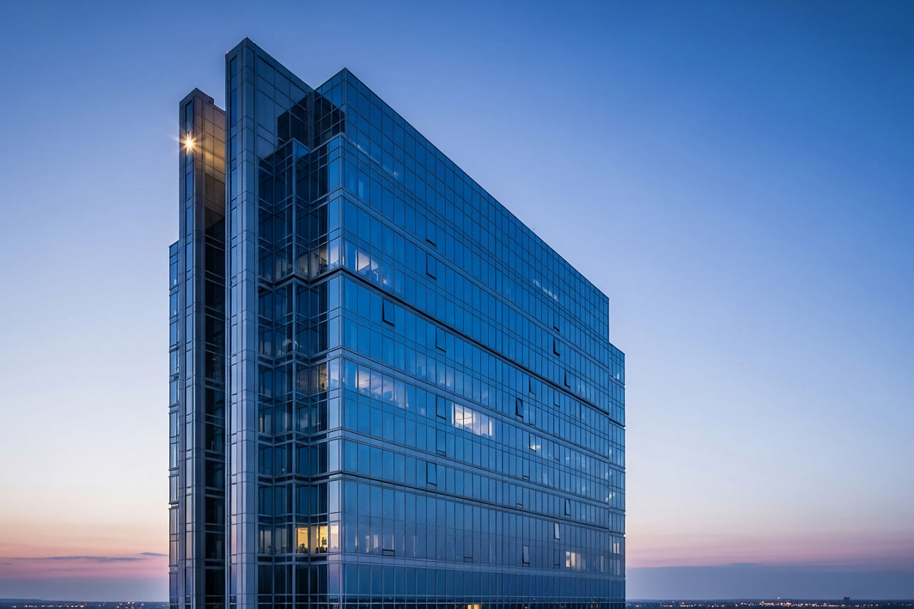 Moderne Hochhäuser und Wolkenkratzer mit Baustellenkränen in einem urbanen Finanzviertel unter bewölktem Himmel
