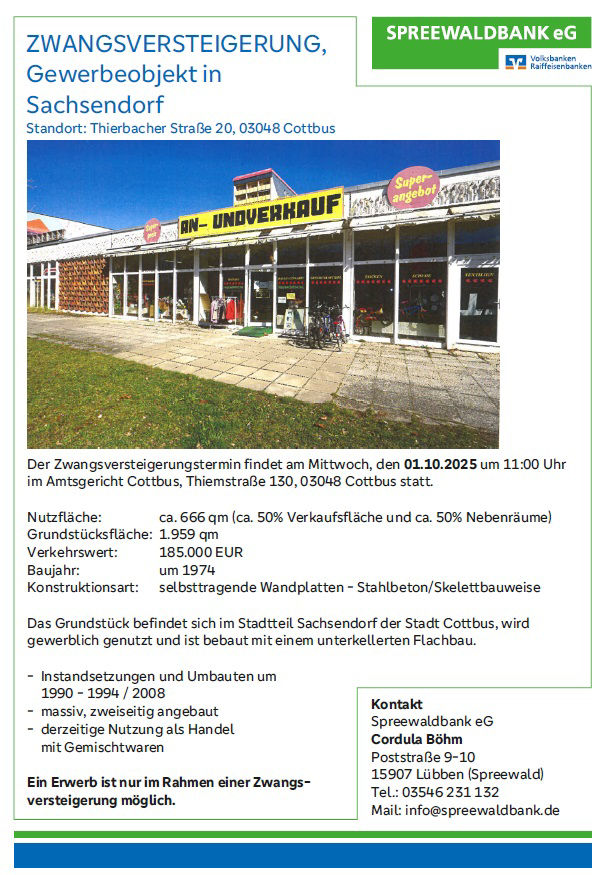 Flaches Gebäude ehemaliger Einkaufsmarkt in Sachendorf Cottbus