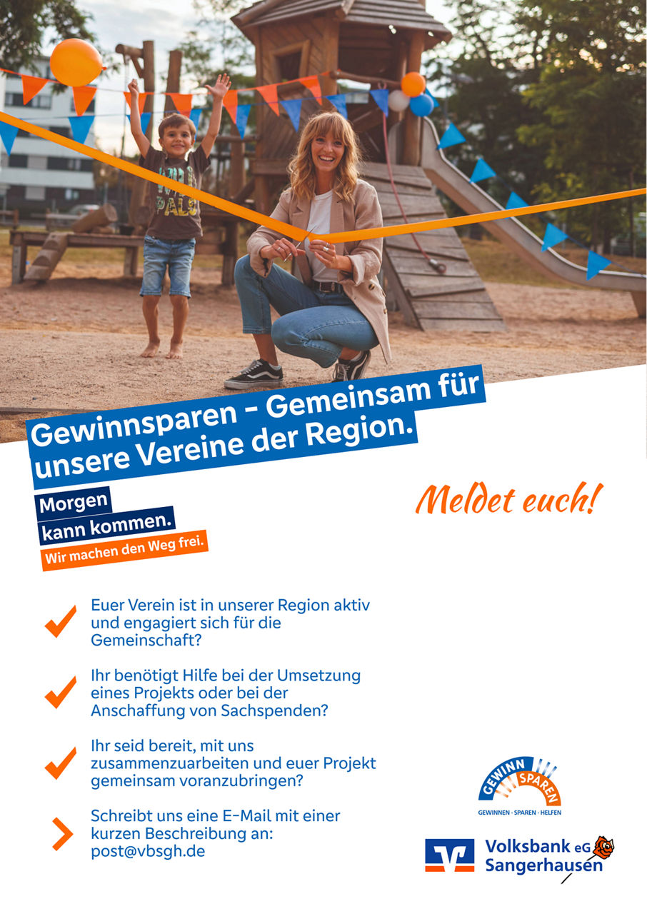 Textgrafik zur Aktion „Gewinnsparen – Gemeinsam für unsere Vereine der Region“ mit Aufruf zur Projektbewerbung