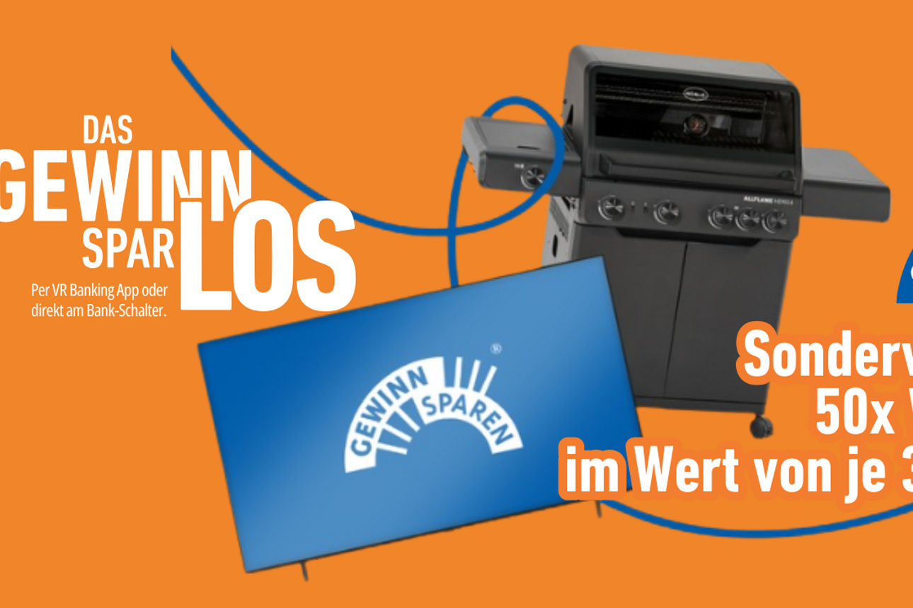 "Das Gewinnspar-Los" "Sonderverlosung: 50x WM-Paket im Wert von je 3.000 Euro" - Abbildung zeigt einen Fernseher und Grill