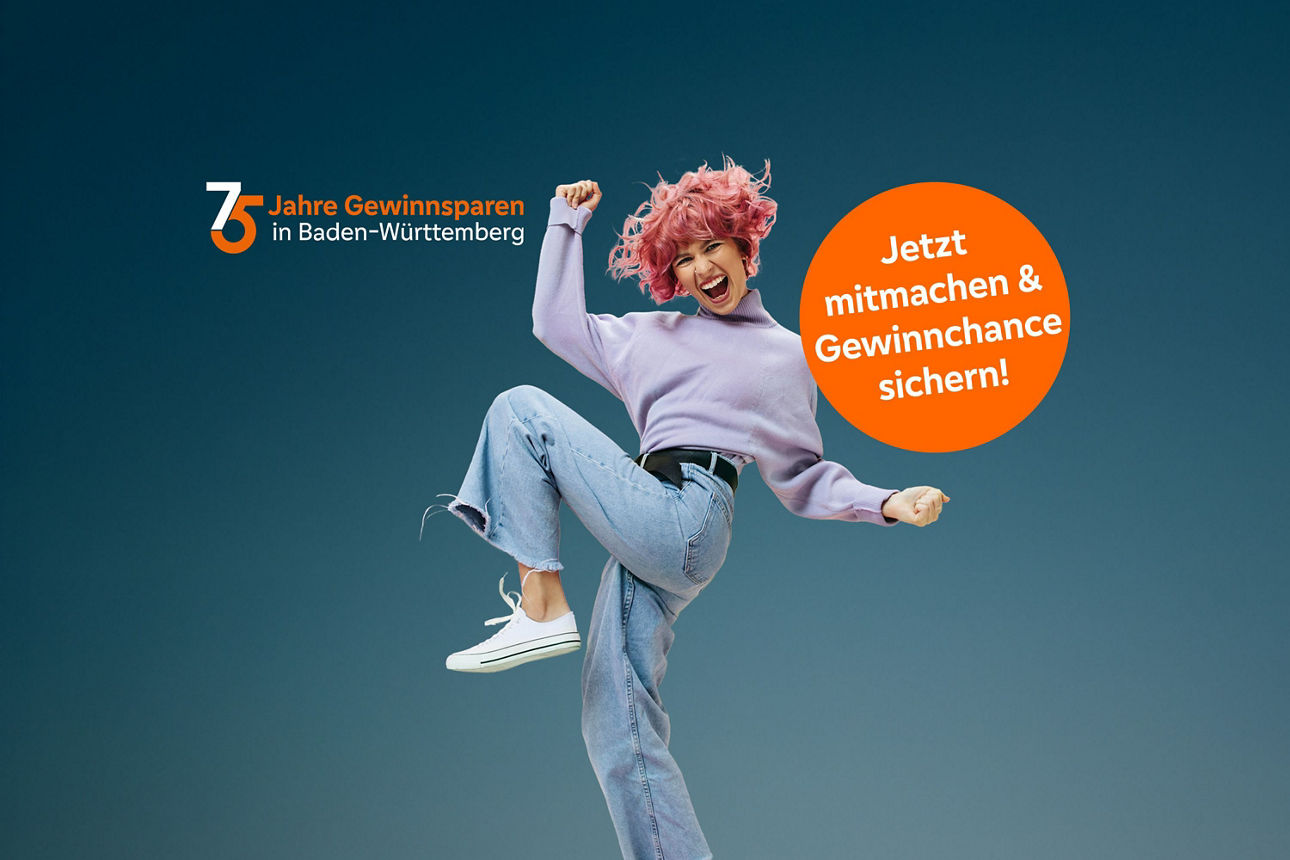 Frau jubelt und Schrift 75 Jahre Gewinnsparverein Ba-Wü - Jetzt mitmachen und Gewinnchance sichern!
