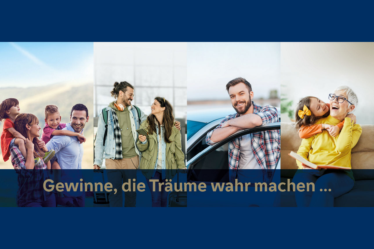 Vier Bilder nebeneinander: Junge Eltern tragen zwei Kinder Huckepack,  junges lächelndes Päärchen, Mann lehnt sich auf eine Autotür,  Oma mit jungem Mädchen auf dem Sofa