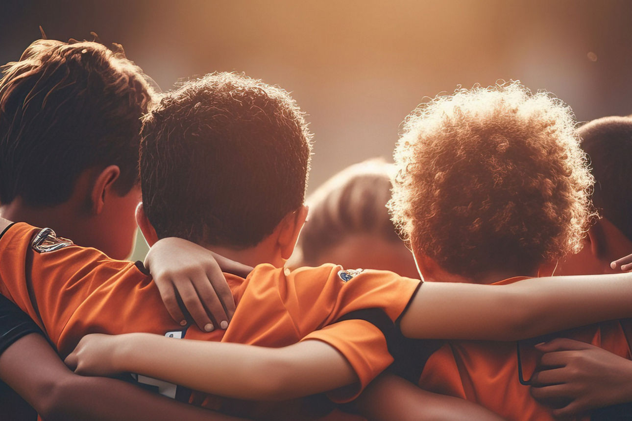 Fussballspiel. Das Team liegt sich in den Armen