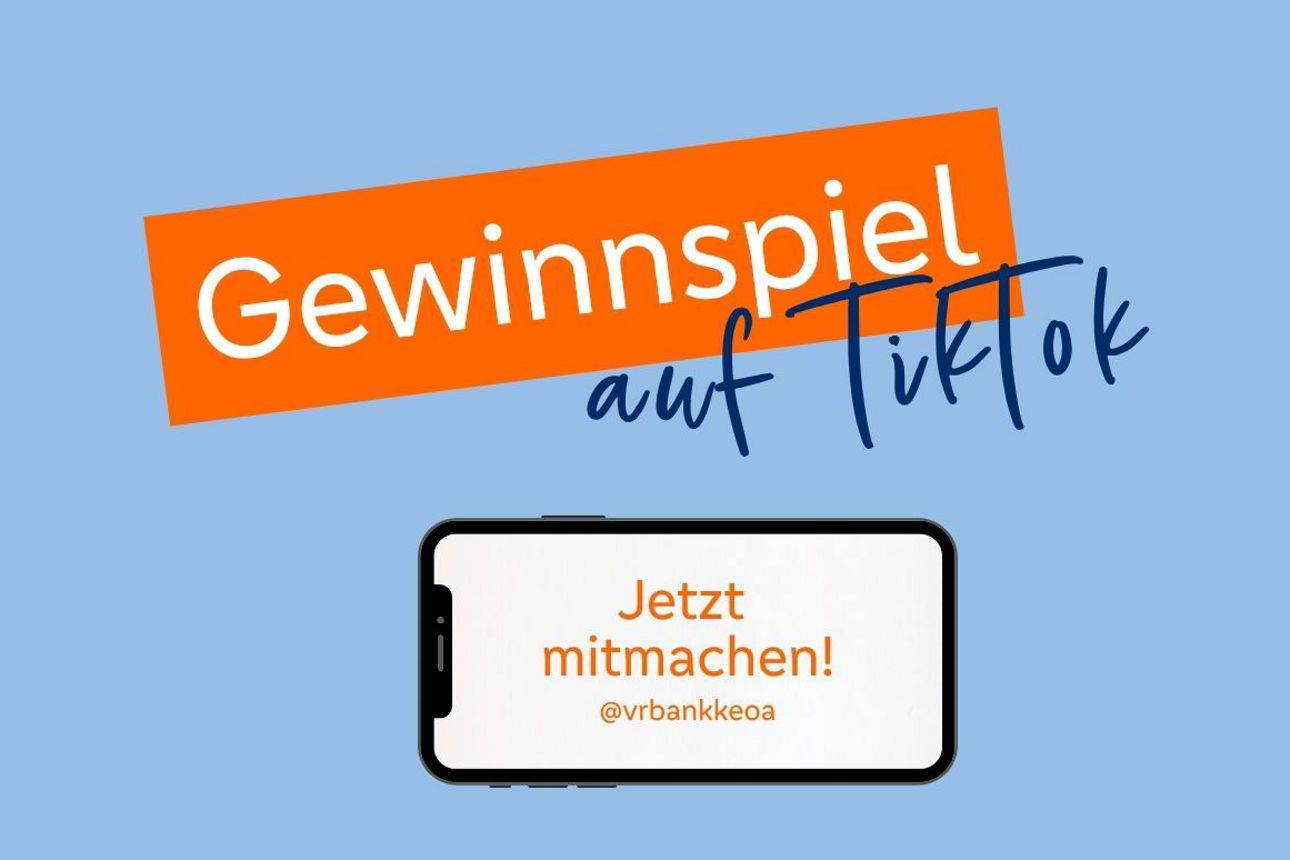 hellblauer Hintergrund mit Smartphone und dem Text "Gewinnspiel auf TikTok" und "Jetzt mitmachen"
