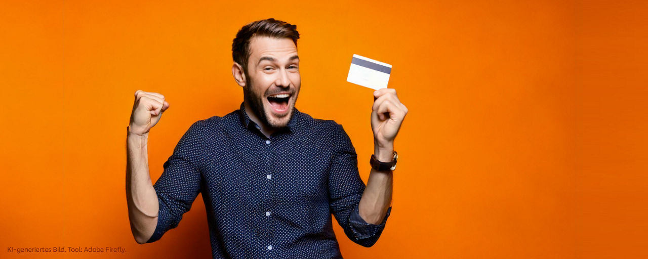 Ein Mann steht vor einem orangenen Hintergrund, hält eine Karte in der Hand und freut sich