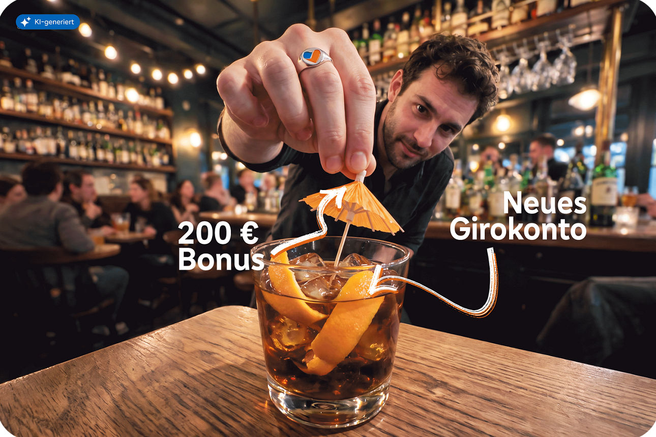 Ein fröhlicher Mann garniert einen Cocktail mit einem Papierschirmchen - Mit KI generiert