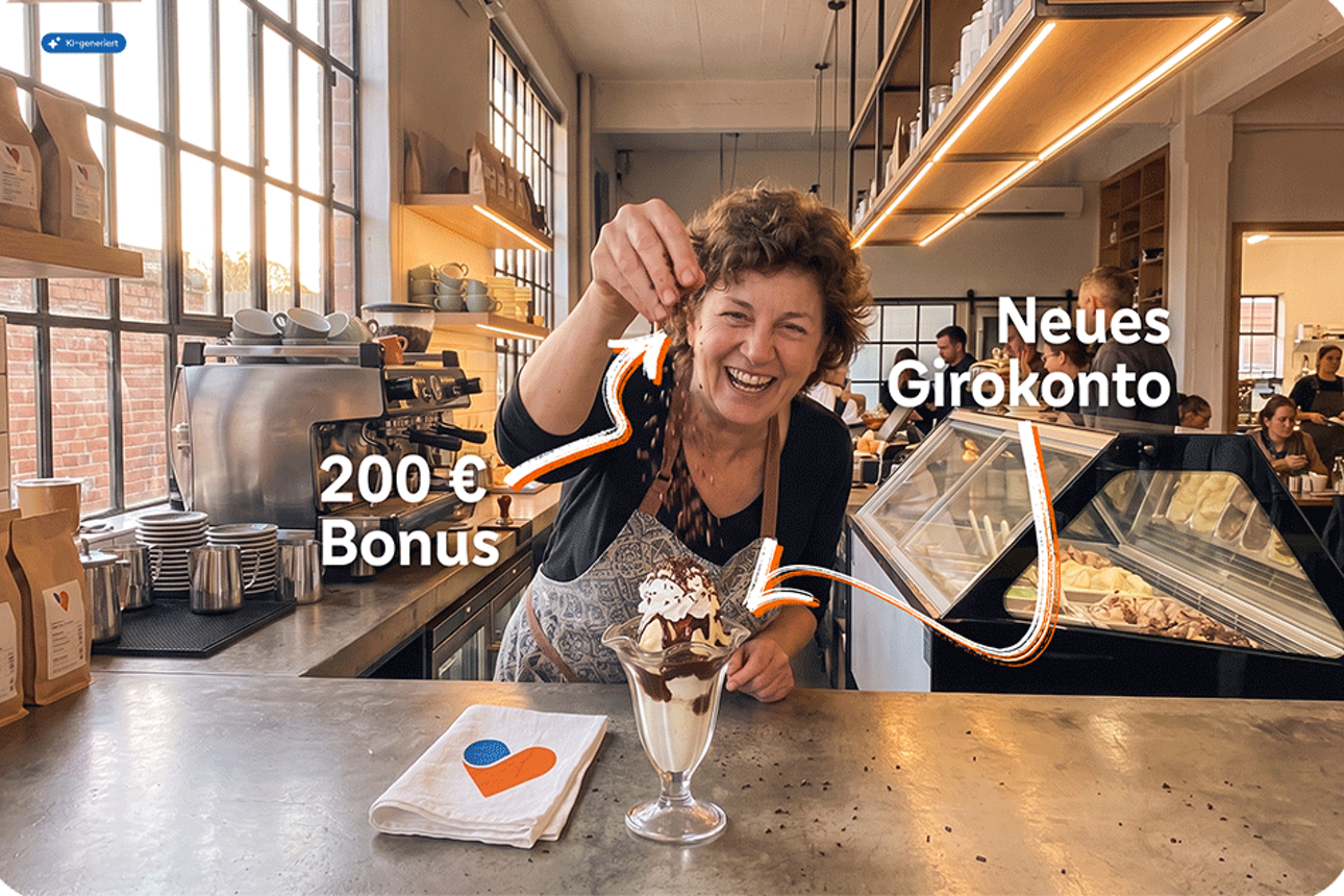 Eine fröhliche Frau garniert einen Eisbecher - Mit KI generiert