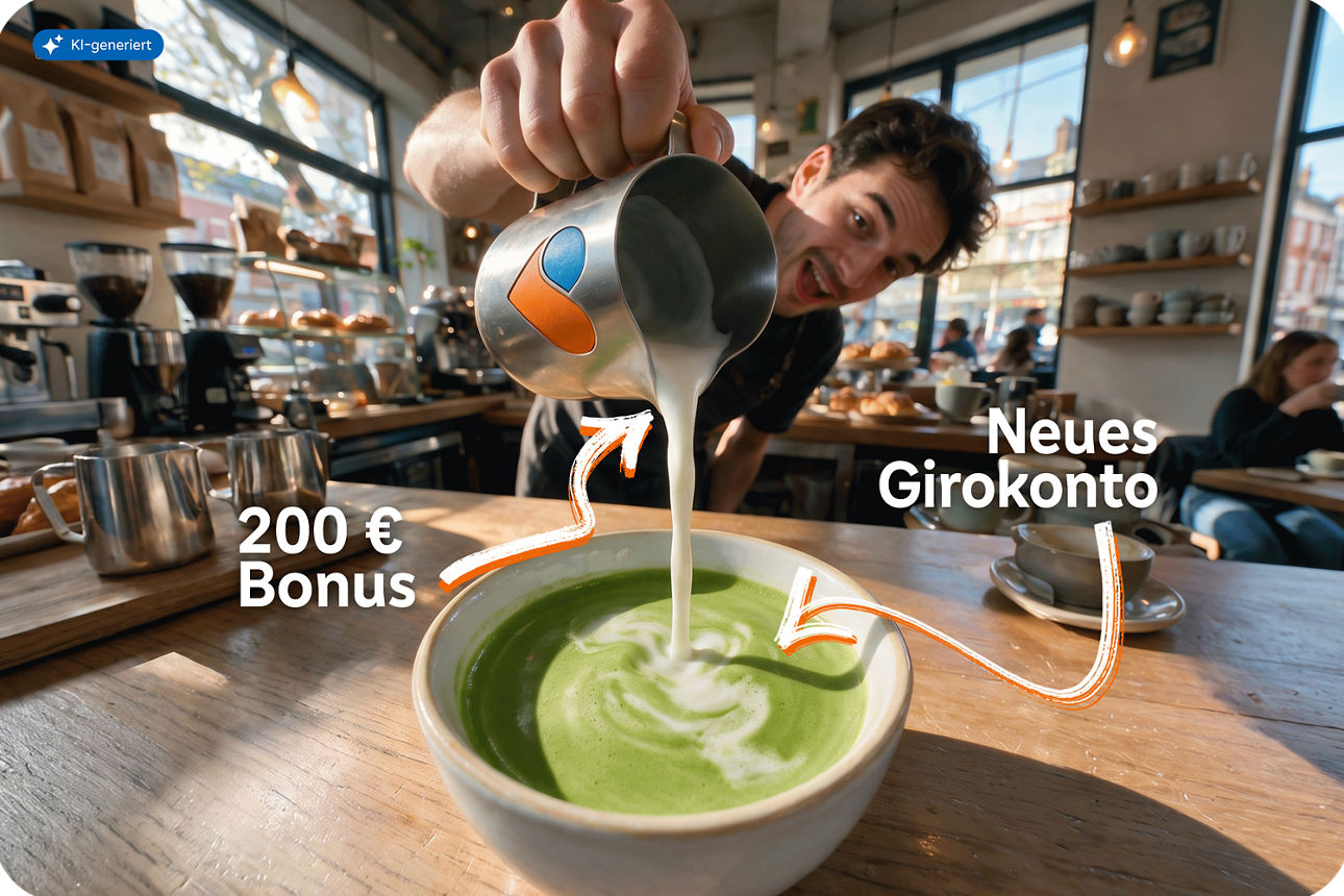 Ein fröhlicher Mann gießt Milch in eine Tasse Matcha - Mit KI generiert
