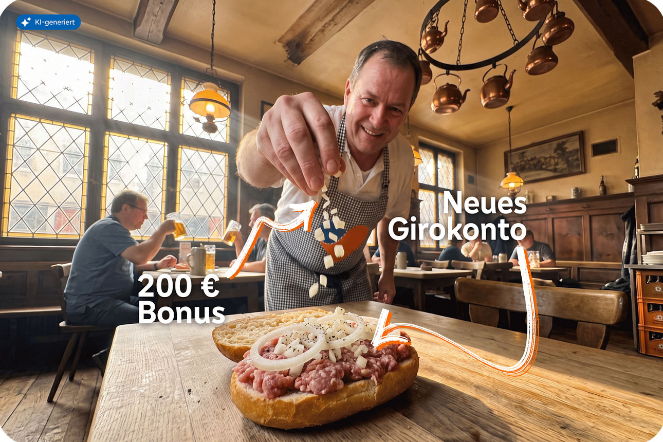 Ein fröhlicher Mann würzt ein Mettbrötchen - Mit KI generiert