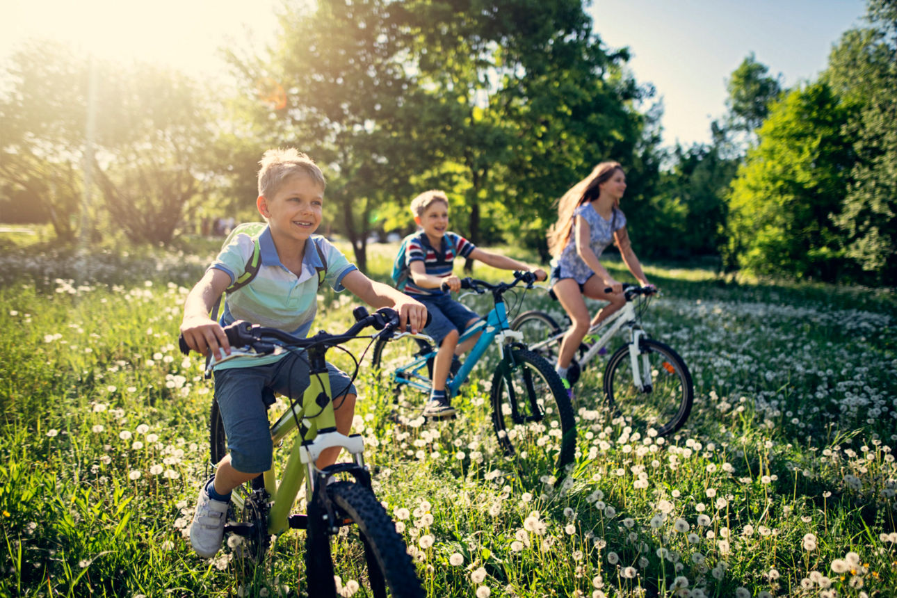 Kinder fahren mit dem Fahrrad über eine grüne Wiese