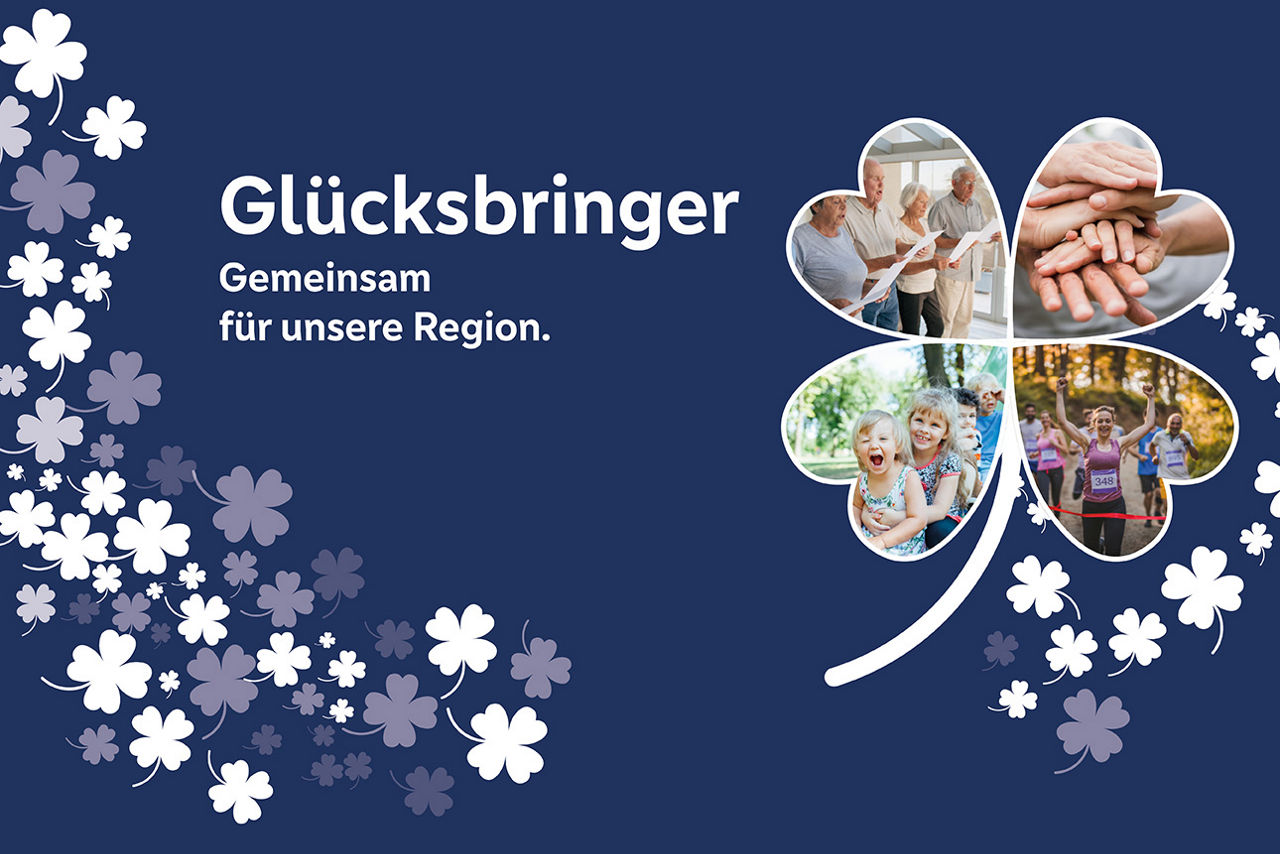 Grafik mit Kleeblatt und Bildern: Hände, Kinder und Läufer. Text: Glücksbringer – Gemeinsam für unsere Region.