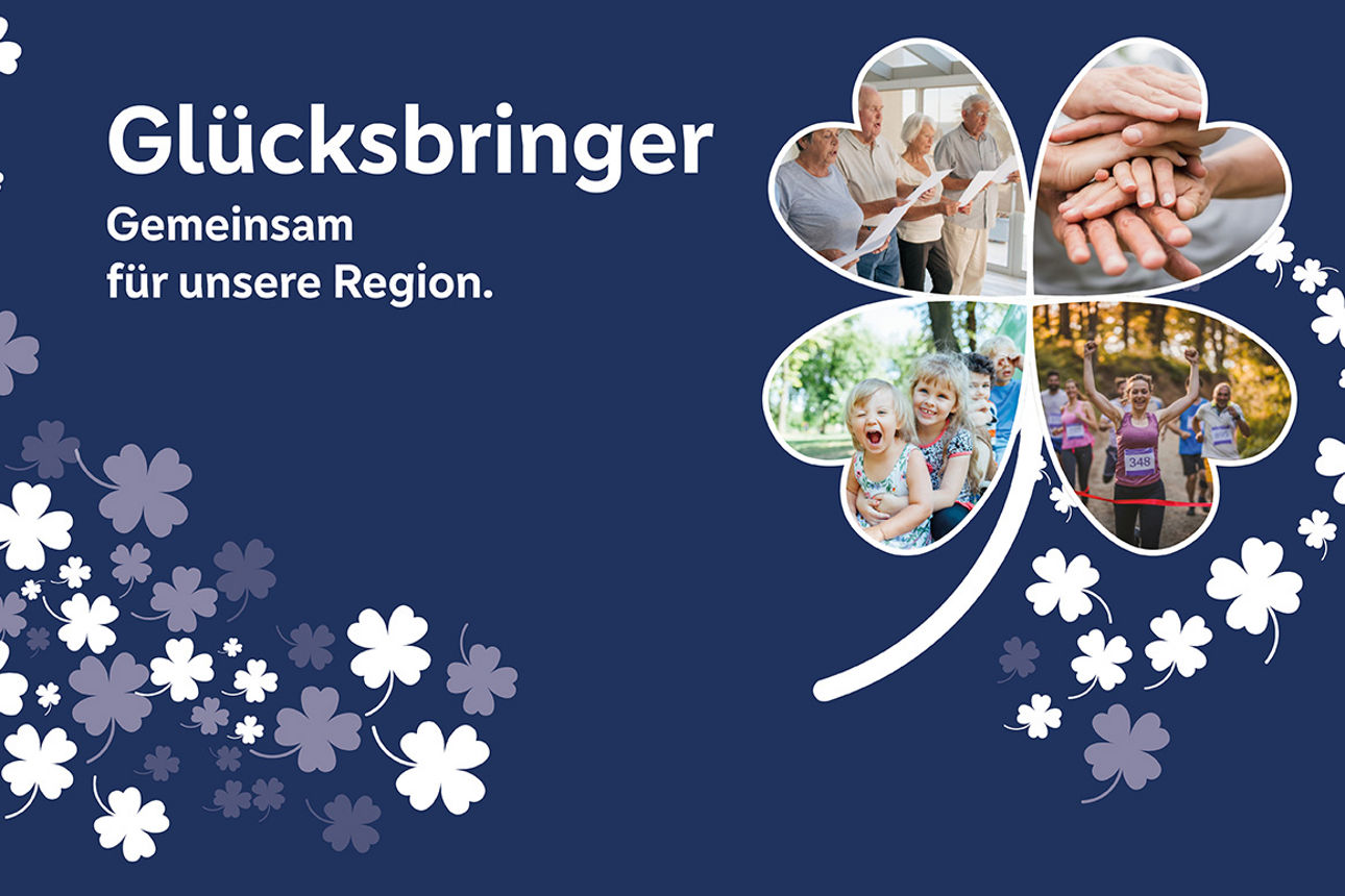 Grafik mit Kleeblatt und Bildern: Hände, Kinder und Läufer. Text: Glücksbringer – Gemeinsam für unsere Region.