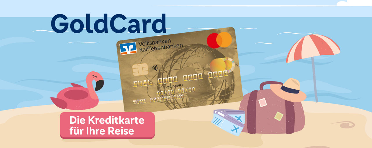 Grafik einer goldenen Kreditkarte am Strand