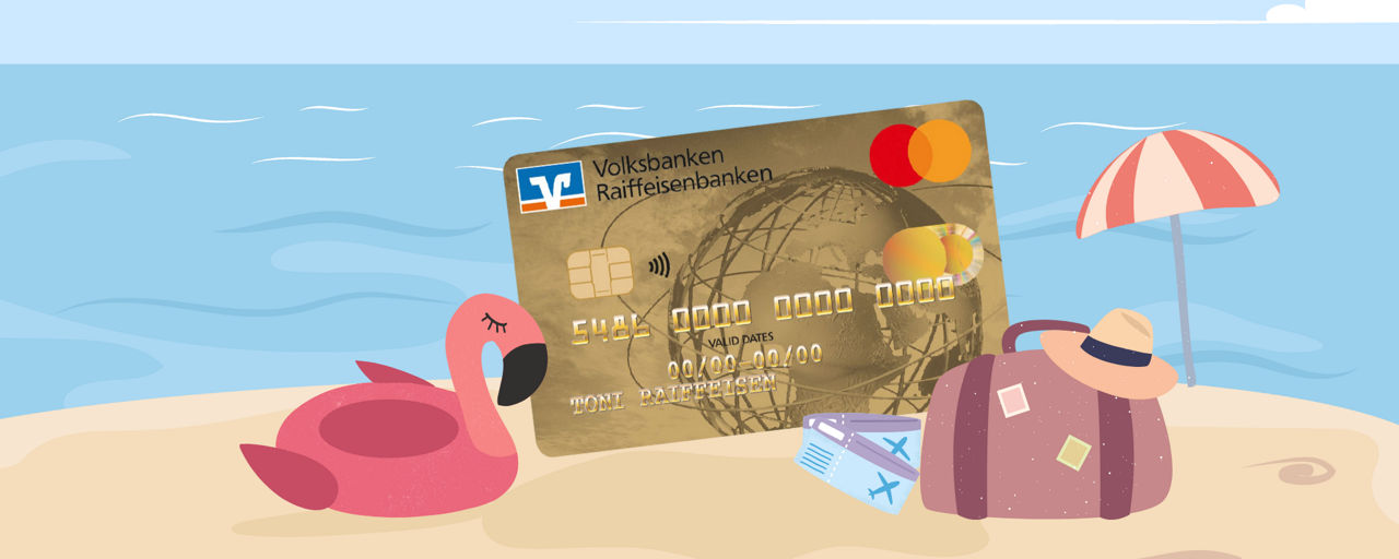 Grafik einer goldenen Kreditkarte am Strand