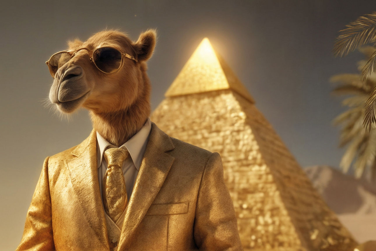 Kamel mit einem goldenen Anzug steht vor einer goldenen Pyramide