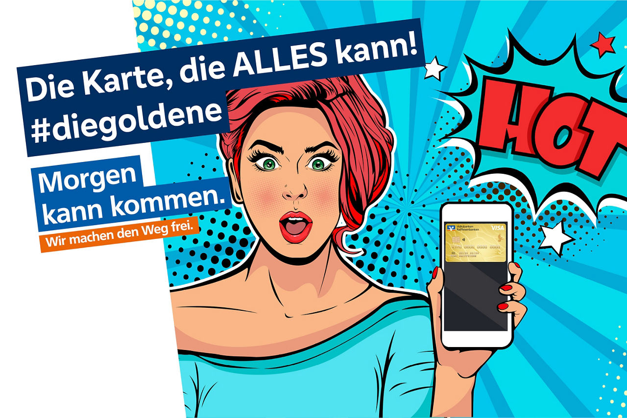 Eine Comic Frau zeigt ein Handy vor einem Hintergrund in Blautönen