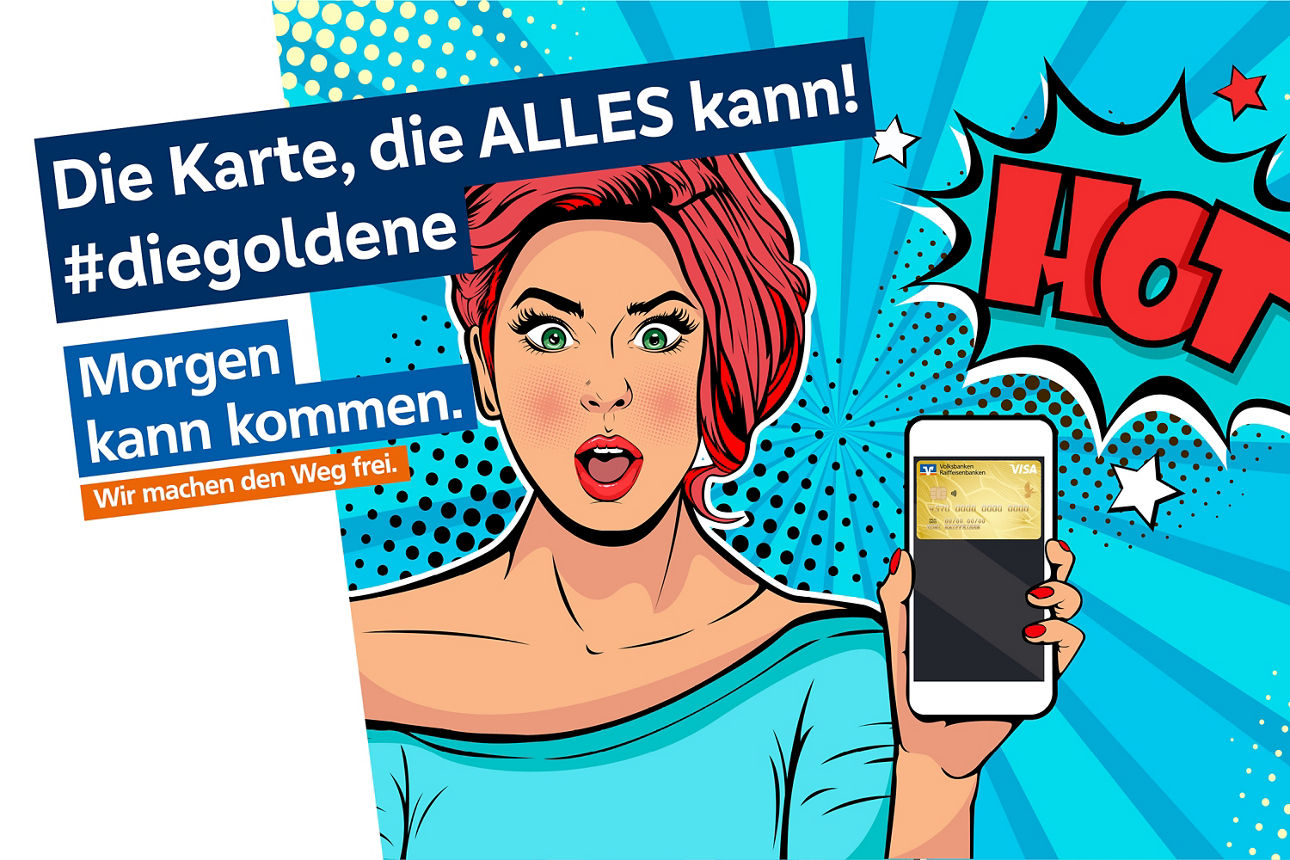 Eine Comic Frau zeigt ein Handy vor einem Hintergrund in Blautönen
