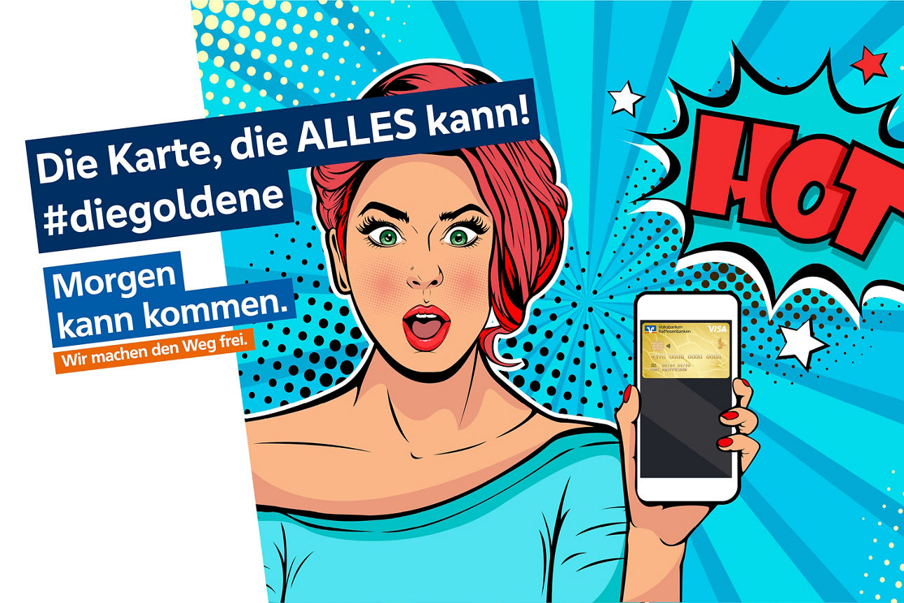 Comicfigur mit rotem Haar und blauem Oberteil hält ein Smartphone mit gelbem Display vor blauem Hintergrund mit roten und weißen Sprechblasen und Texten.