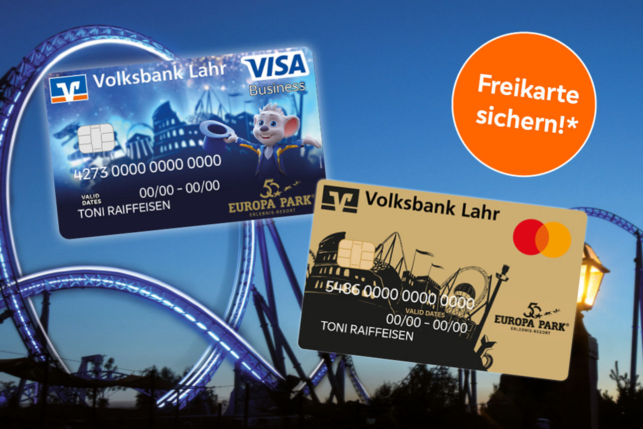 Die Grafik zeigt die Achterbahn des Europa-Park mit den beiden neuen Kreditkarten der Volksbank Lahr