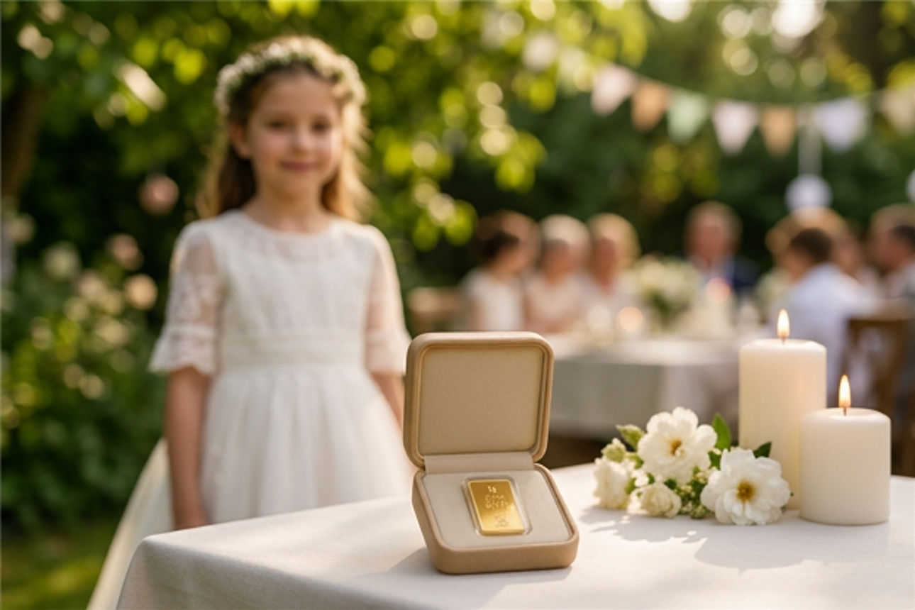 Goldbarren als Geschenk. Kind mit Kommunionskleid im Hintergrund. Bild durch KI erzeugt.