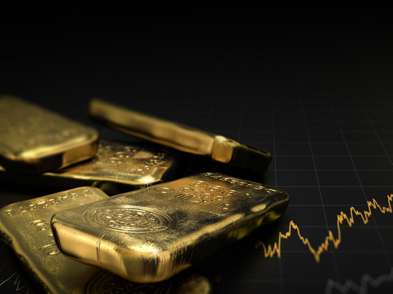 Goldbarren auf schwarzem Hintergrund mit einer Kurskurve