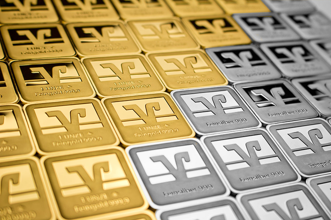 Gold- und Silberbarren mit Volksbank-Logo