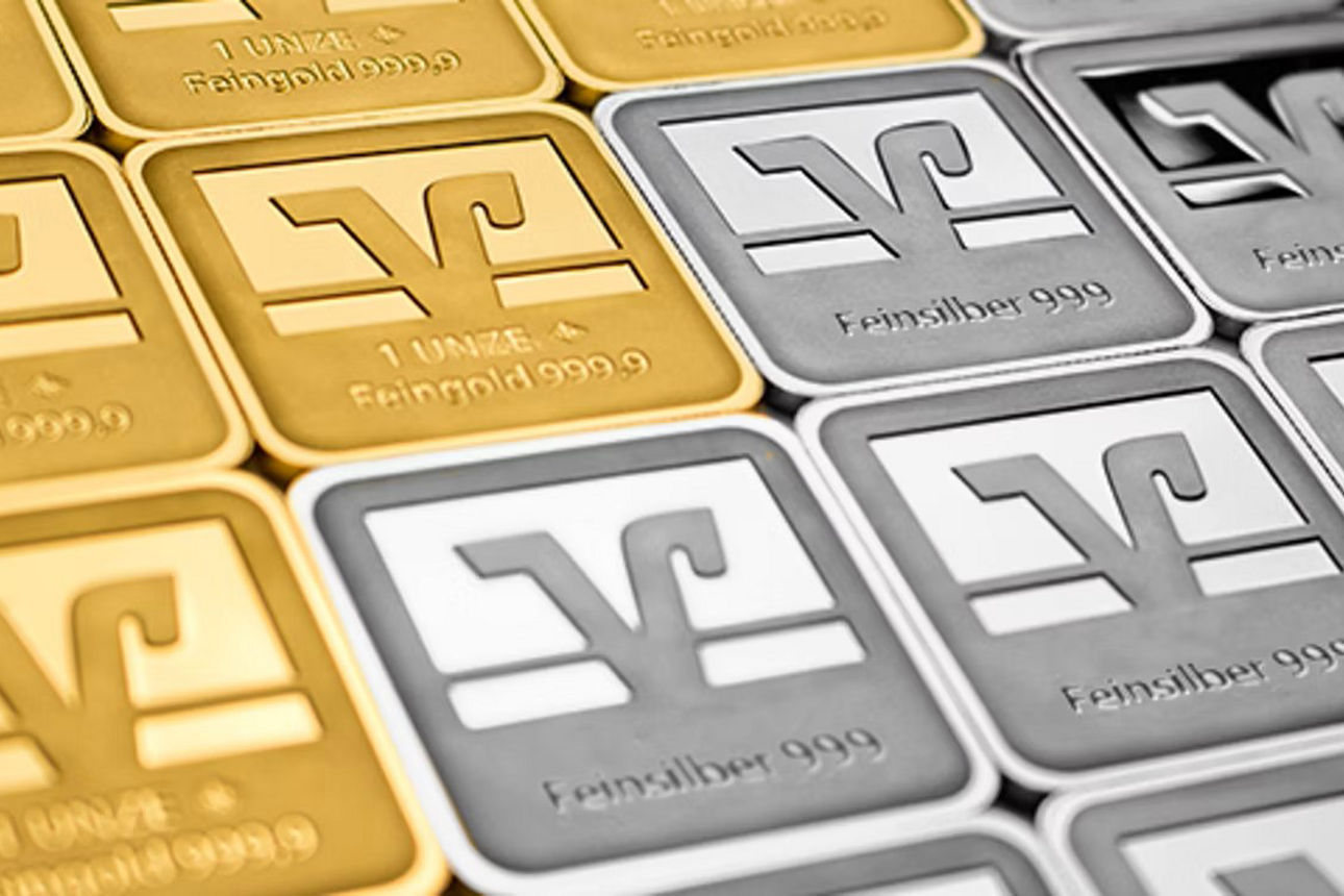 Gold-und Silberbarren mit Volksbank-Logo