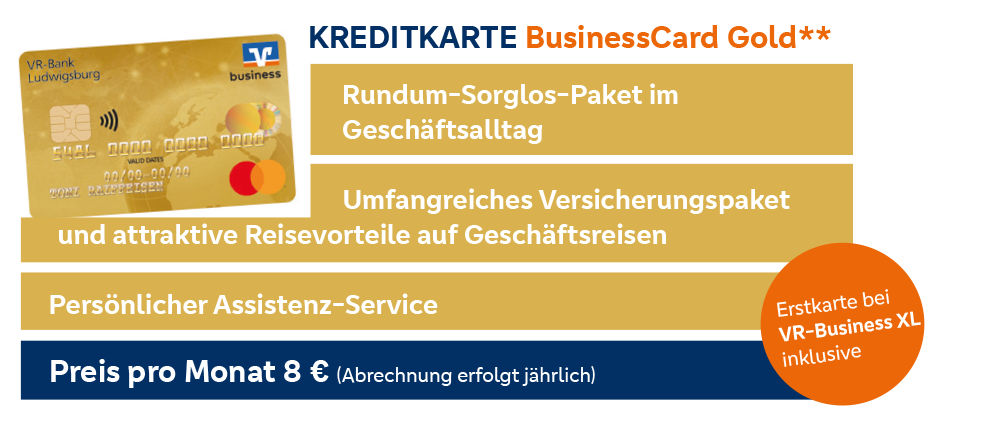 Werbung für die VR-Bank BusinessCard Gold: Rundum Sorglos Paket, 8 €/Monat, weltweit nutzbar.