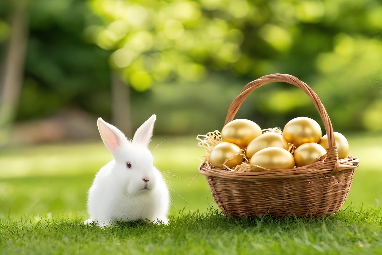 Ein weißer Hase sitzt neben einem Korb mit goldenen Ostereiern.