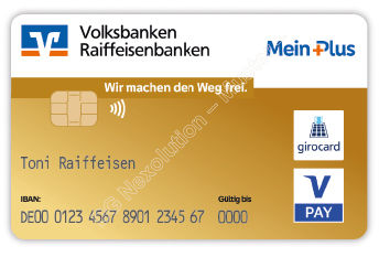 Das Bild zeigt eine goldene Girocard mit dem MeinPlus Logo.