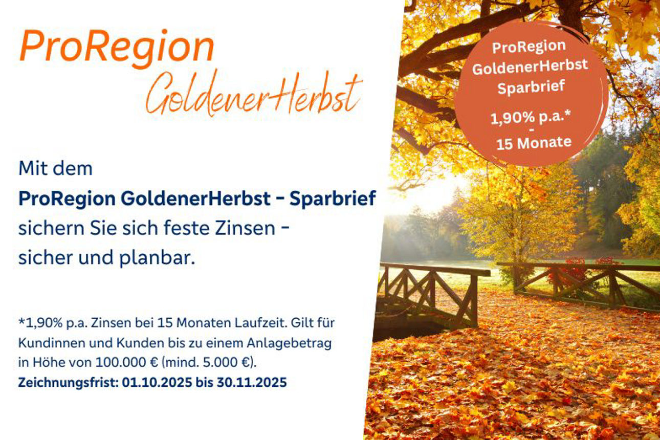 Eine Herbstlandschaft im Sonnenschein mit den Produktinfos zum ProRegion GoldenerHerbst Sparbrief