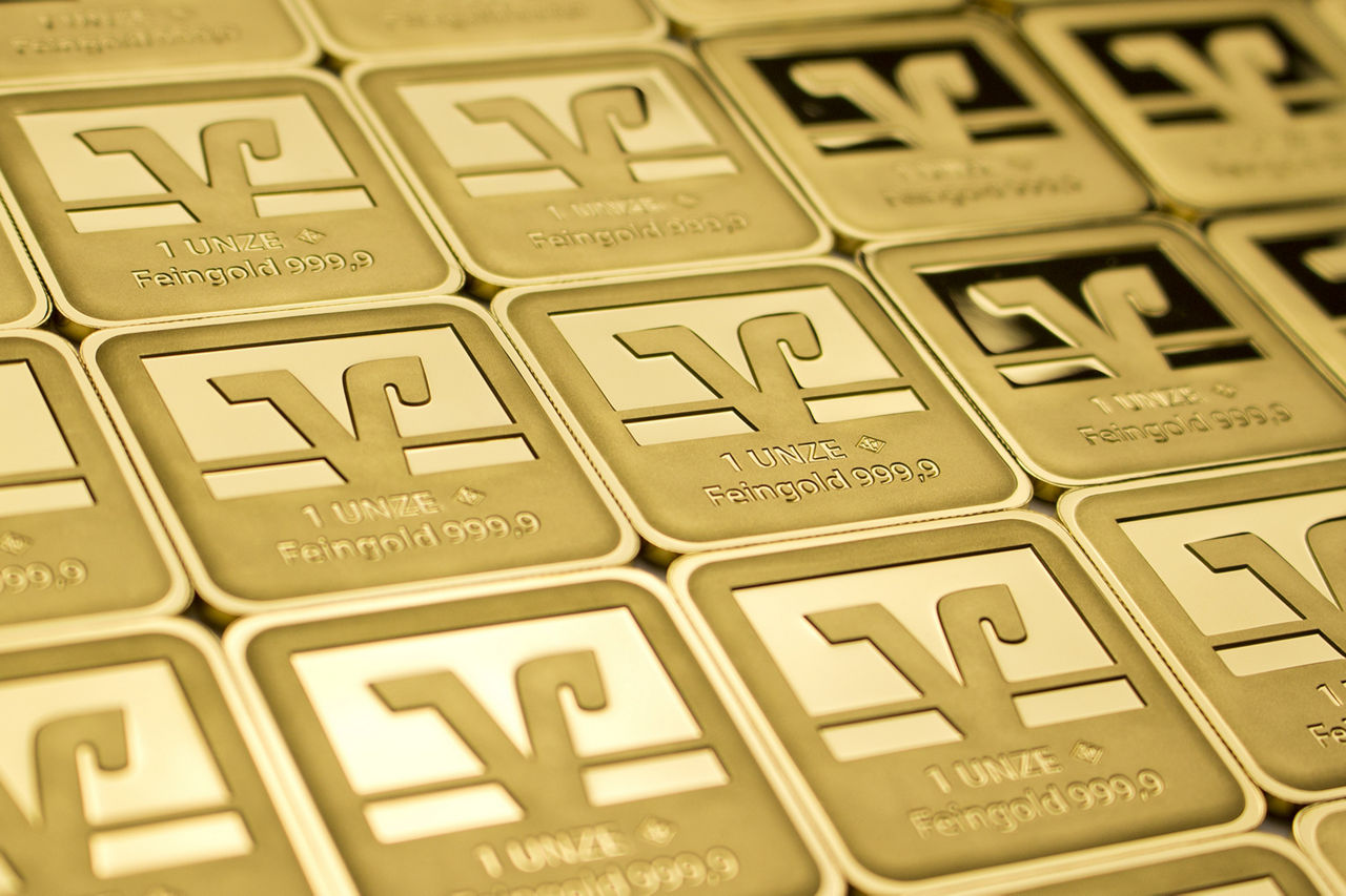 Mehrere 1-Unze-Goldbarren mit VR-Logo